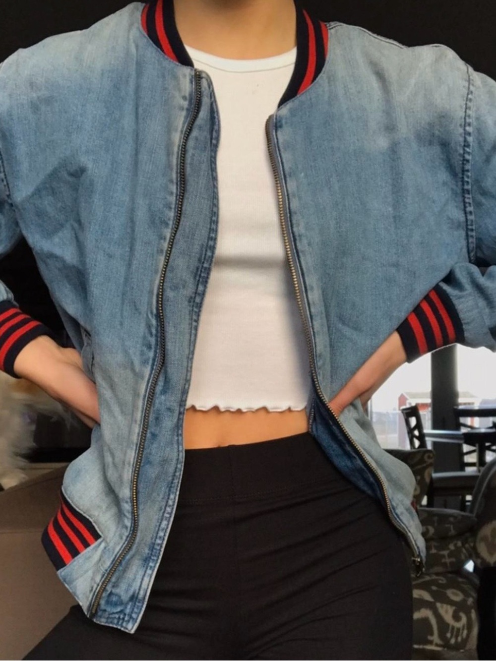 American Eagle Outfitters Light Blue Denim Bomber Jacket with Red and Black Trim